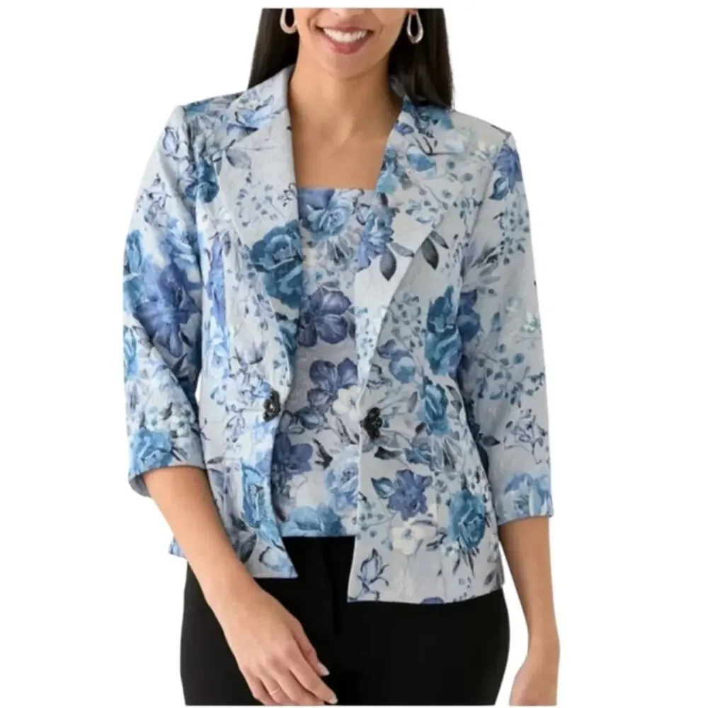 Alex Evenings Womens Formal Floral Printed Camisole & Matching Jacket Blue Large